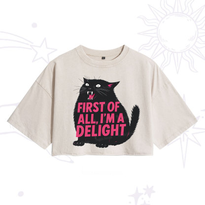 Purplehecate First Of All I'm A Delight Cat Washed Cropped T-Shirt
