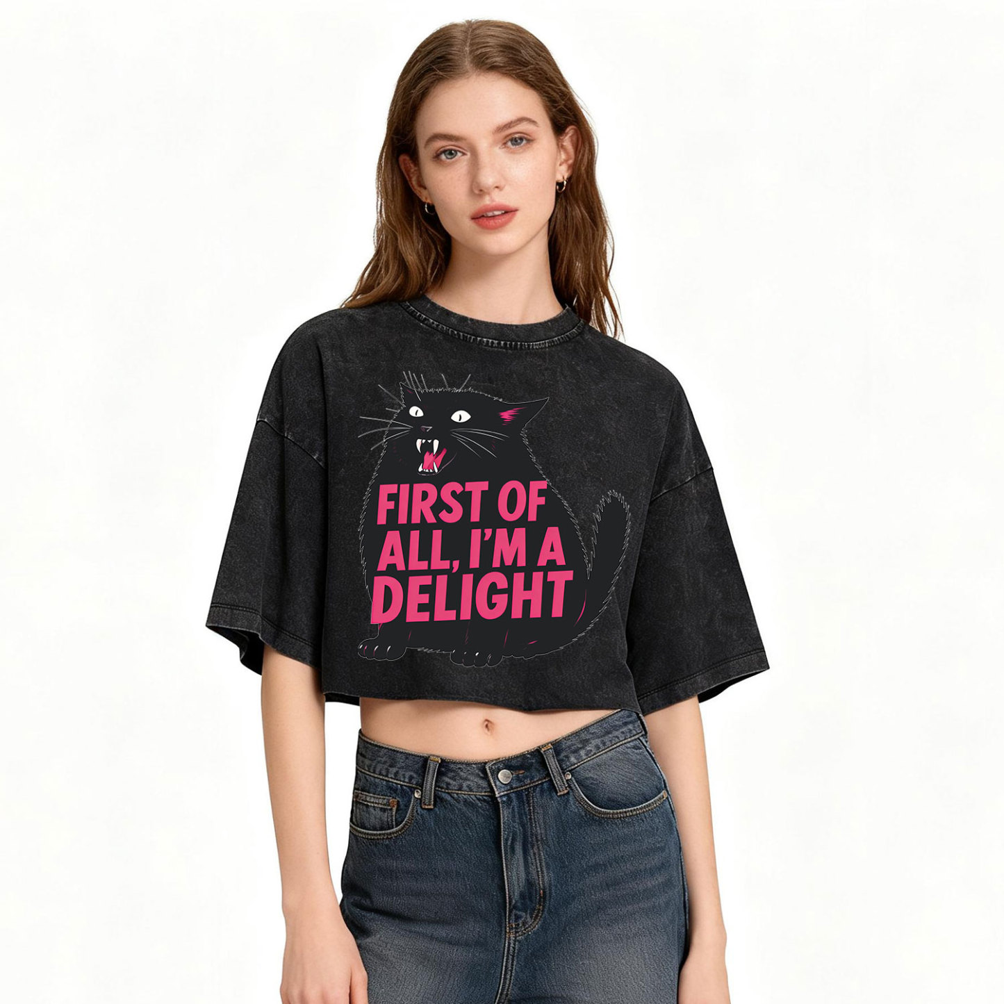 Purplehecate First Of All I'm A Delight Cat Washed Cropped T-Shirt