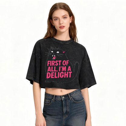 Purplehecate First Of All I'm A Delight Cat Washed Cropped T-Shirt