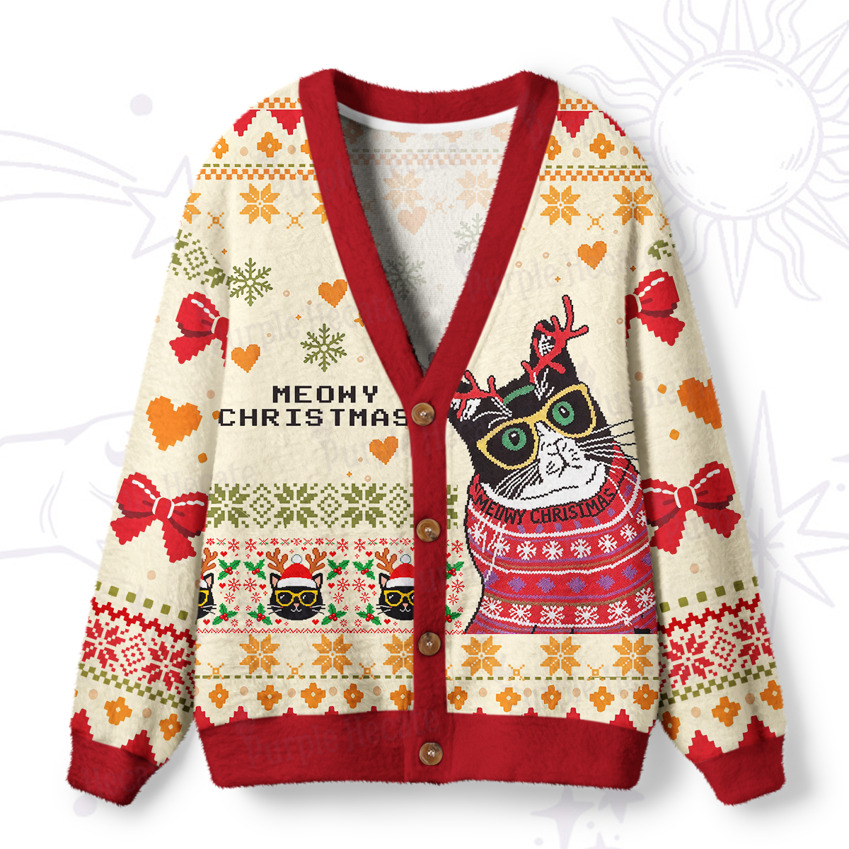 Purplehecate Meowy Christmas Symphony Ugly Cardigan Sweaters