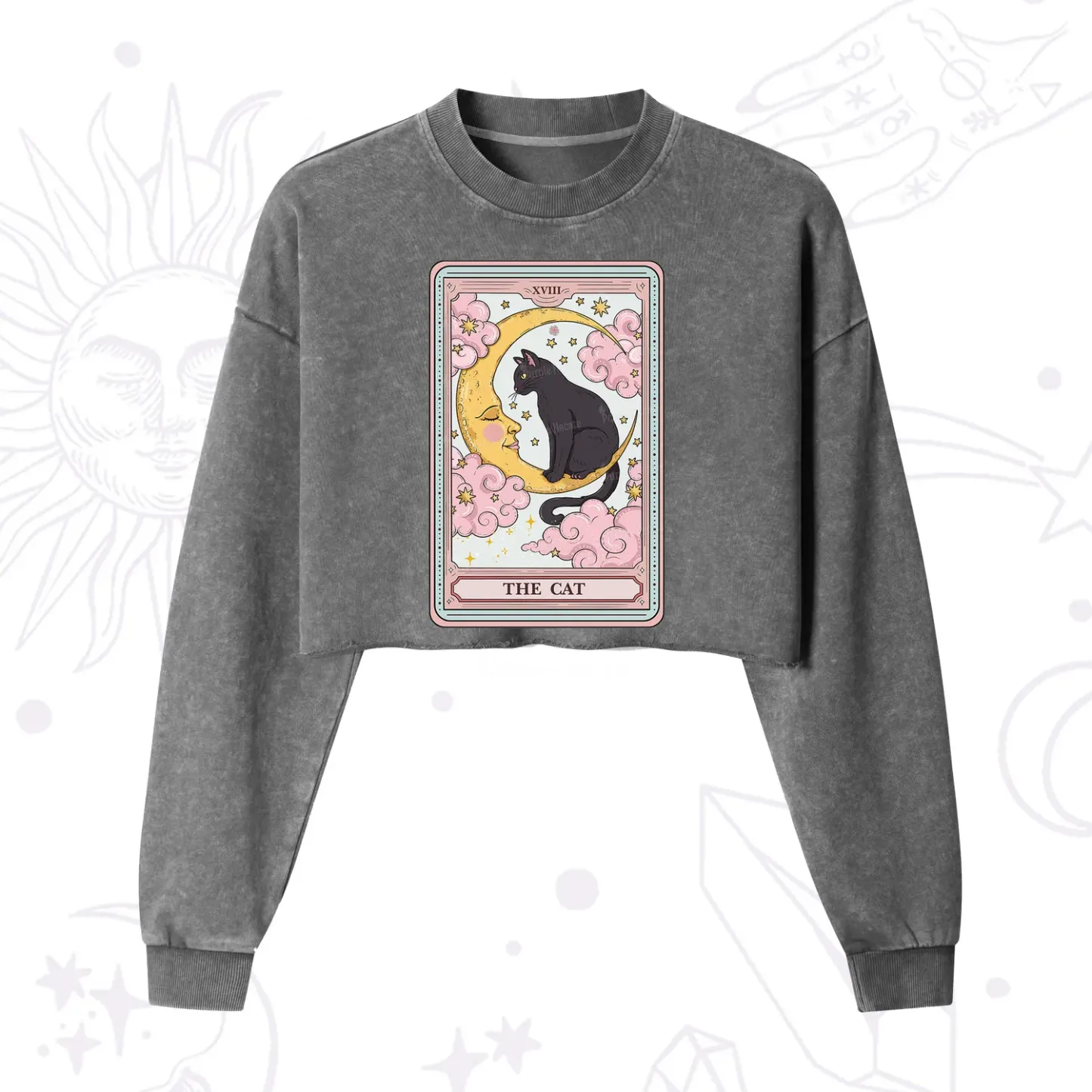 Purplehecate The Cat Tarot Card Cropped Washed Sweatshirt