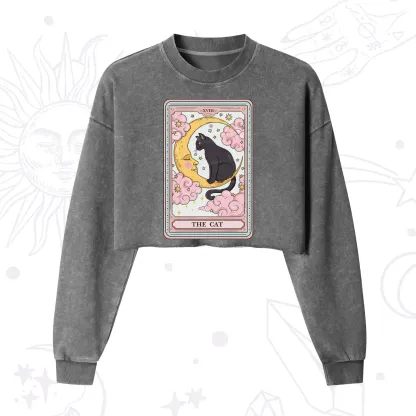 Purplehecate The Cat Tarot Card Cropped Washed Sweatshirt