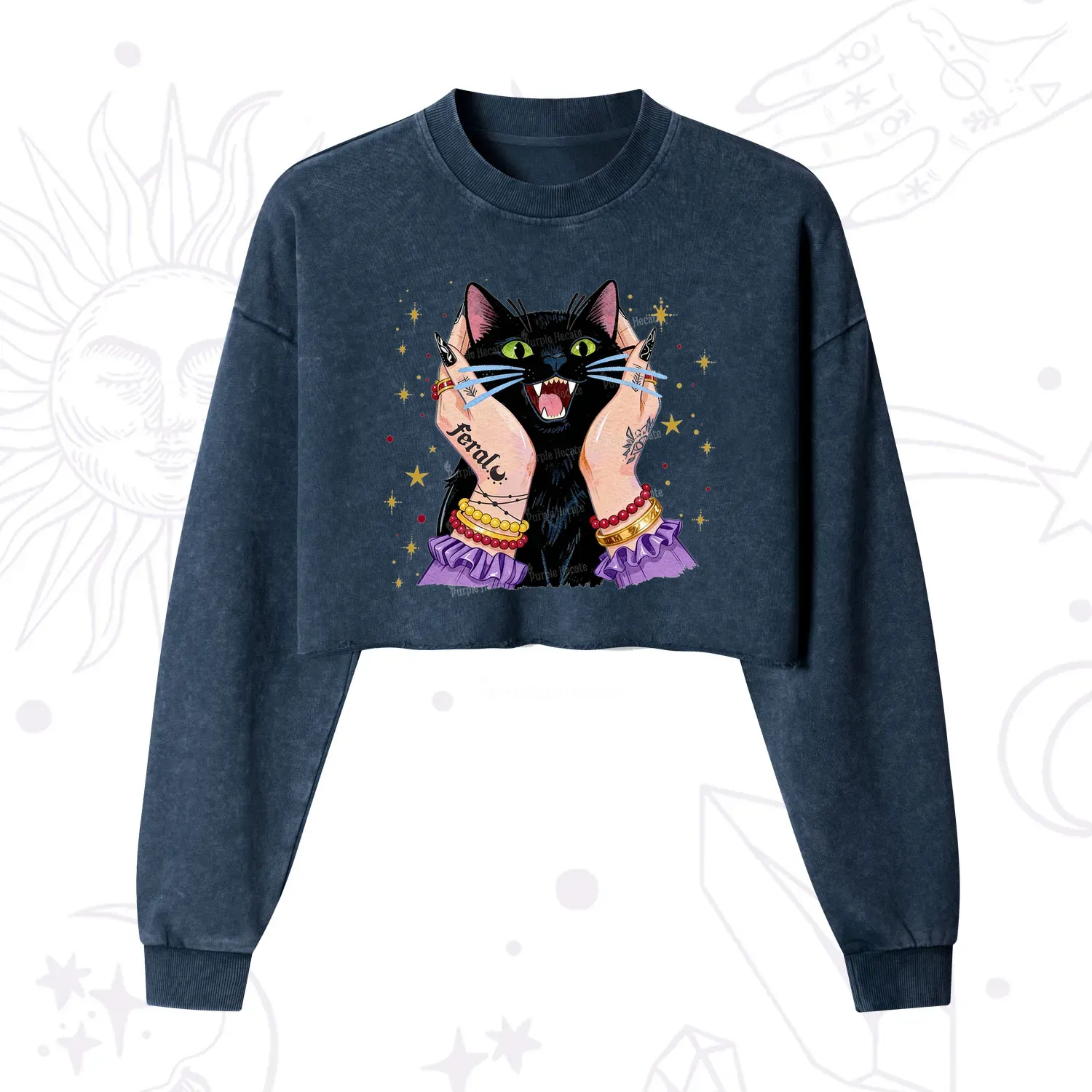 Purplehecate Feral Cat Magic Cropped Washed Sweatshirt
