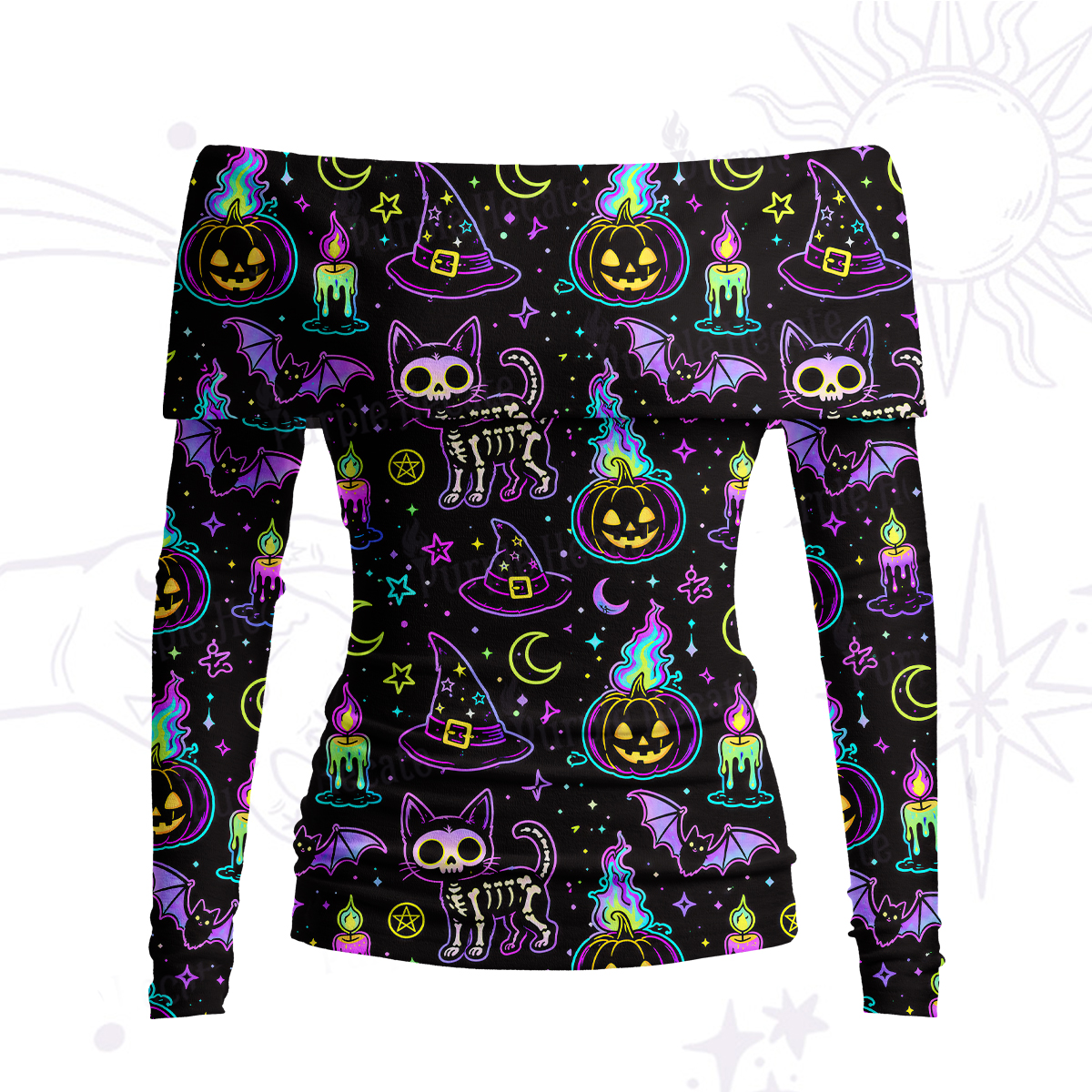 Purplehecate Neon Halloween Skeleton Cat Off Shoulder Long Sleeve Knit Top