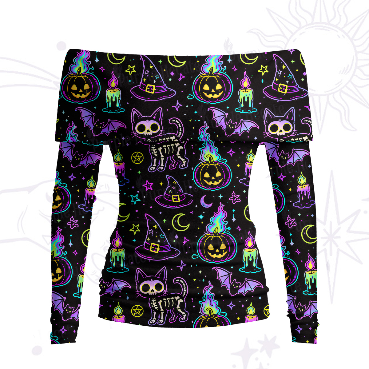 Purplehecate Neon Halloween Skeleton Cat Off Shoulder Long Sleeve Knit Top