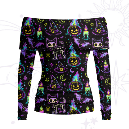 Purplehecate Neon Halloween Skeleton Cat Off Shoulder Long Sleeve Knit Top