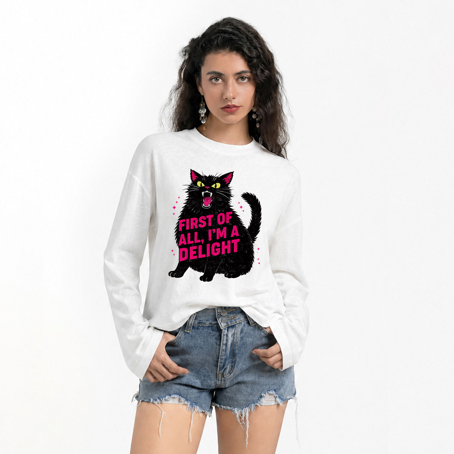 Purplehecate First Of All I'm A Delight Cat Slub Long Sleeve T-Shirt