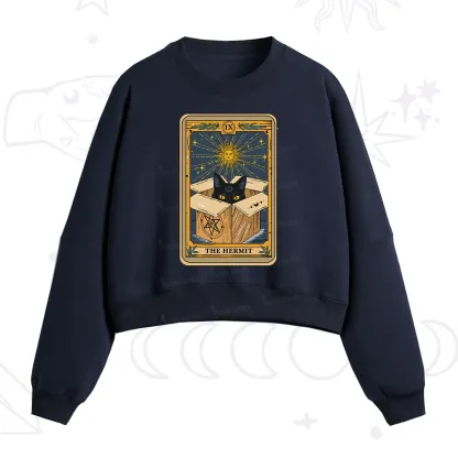 Purplehecate The Hermit Cat Tarot Card Fleece Cropped Sweatshirt