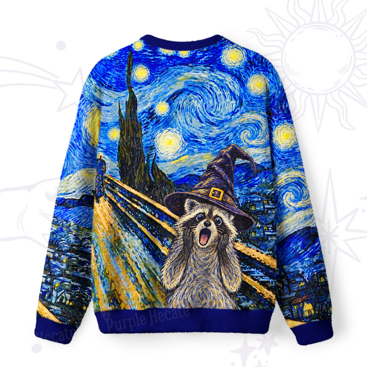 Purplehecate Starry Night Scream Raccoon Wizard Fuzzy Ugly Sweatshirt