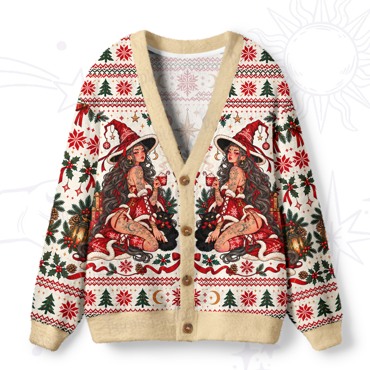 Purplehecate Festive Lantern Witch Christmas Ugly Cardigan Sweaters