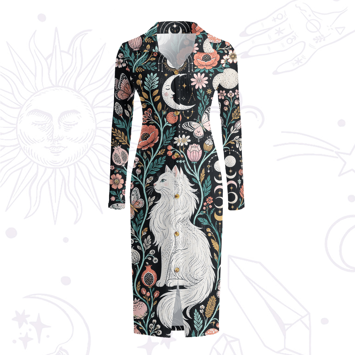 Purplehecate Lunar White Cat Forest Strappy Ribbed Knit Dress