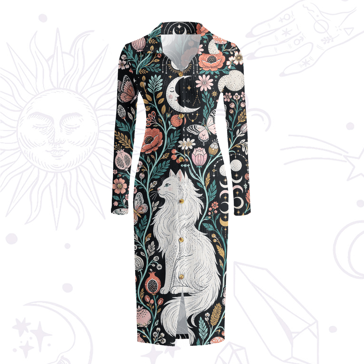 Purplehecate Lunar White Cat Forest Strappy Ribbed Knit Dress