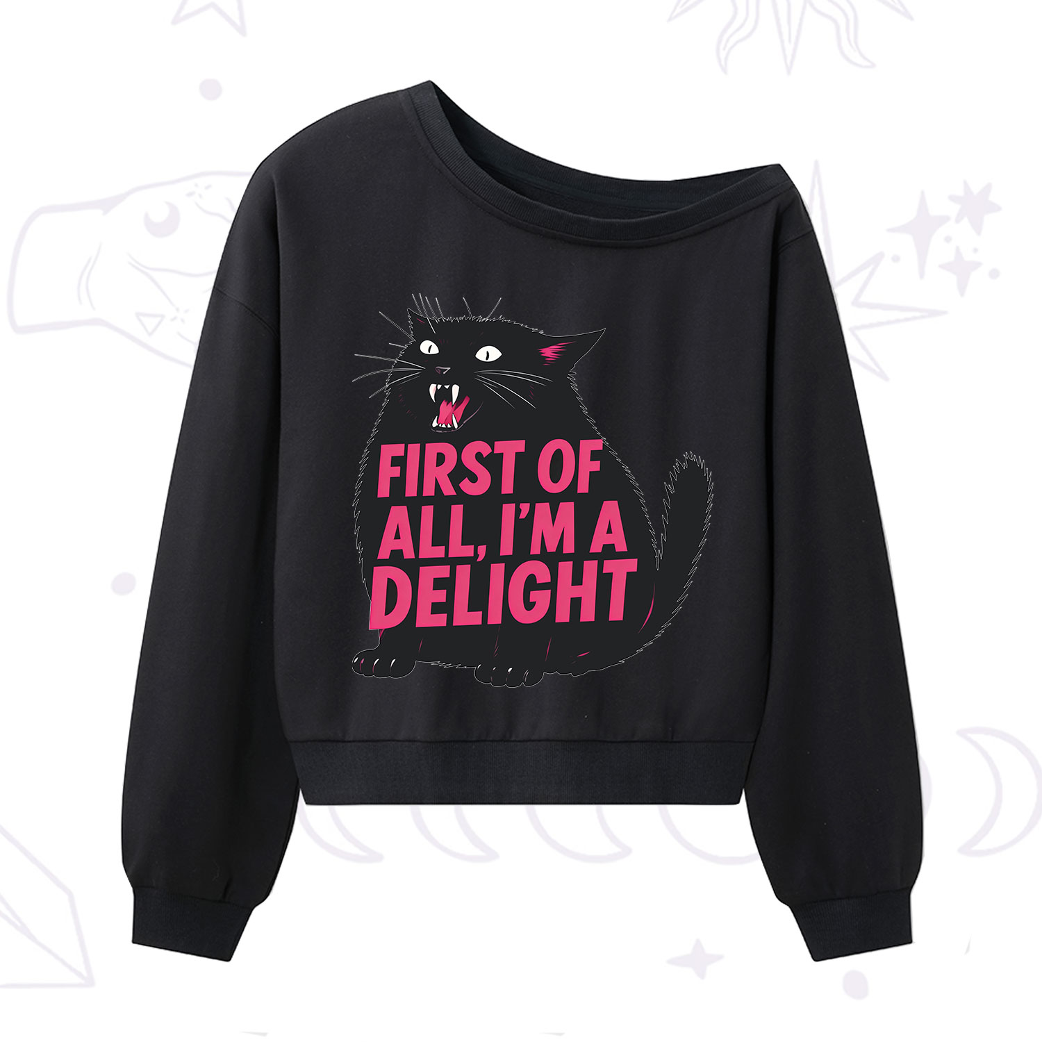 Purplehecate First Of All I'm A Delight Cat One Shoulder Sweatshirt