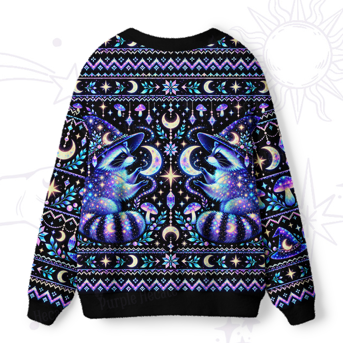 Purplehecate Aurora Magic Raccoon Moonlight Ugly Cardigan Sweaters