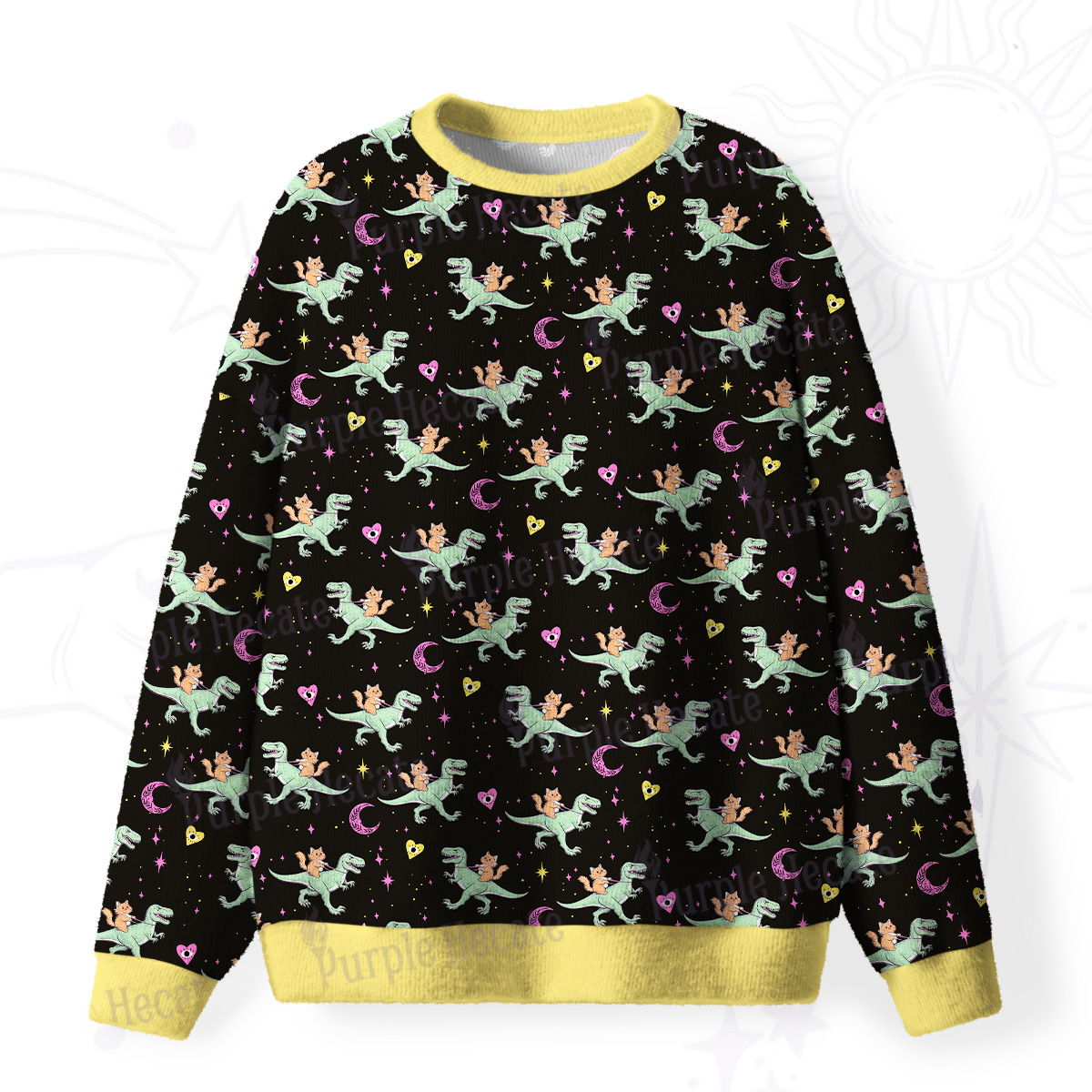 Purplehecate Witch Cat Rides the Dino Fuzzy Ugly Christmas Sweatshirt