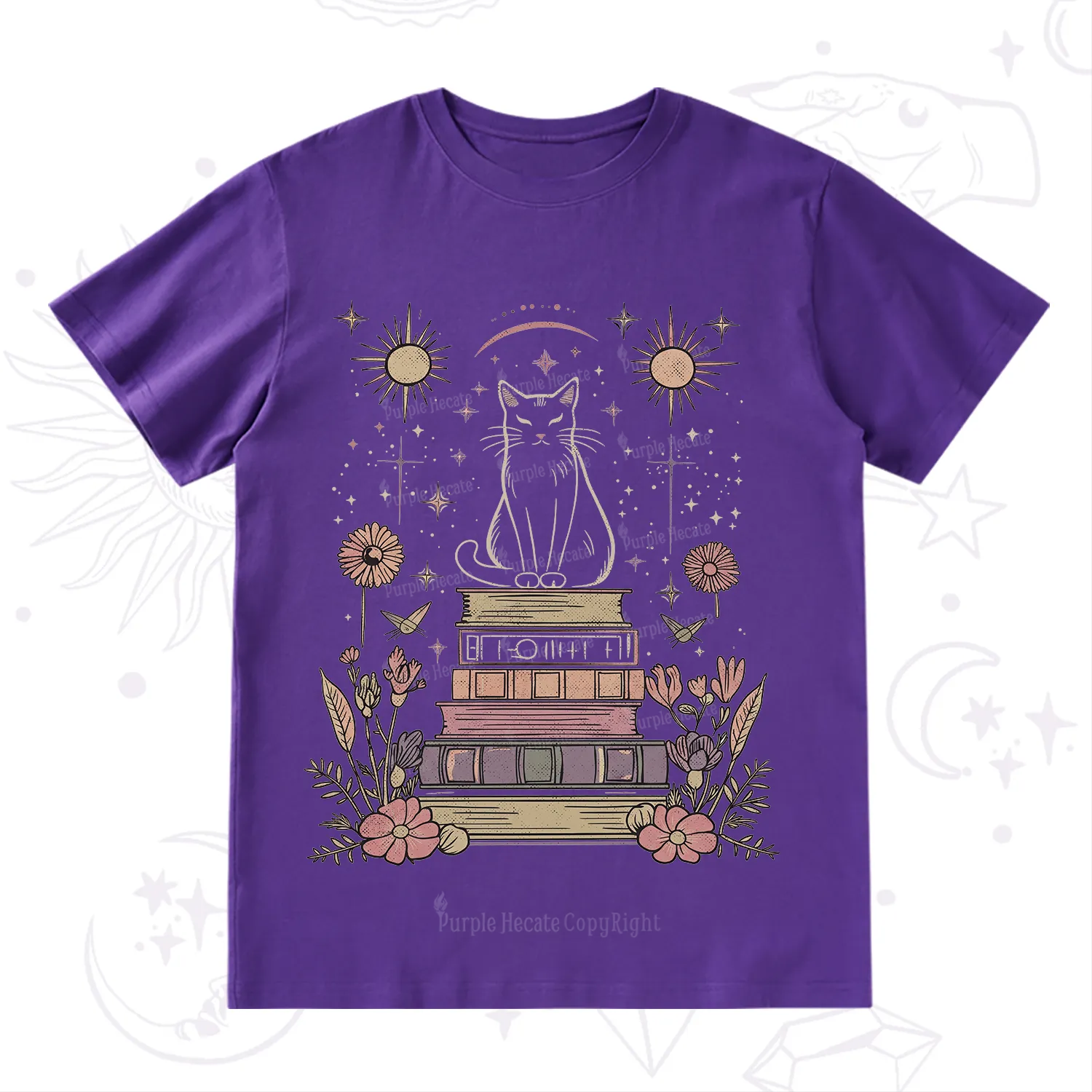 Purplehecate Mystical Cat Reading a Witchy Book T-Shirt