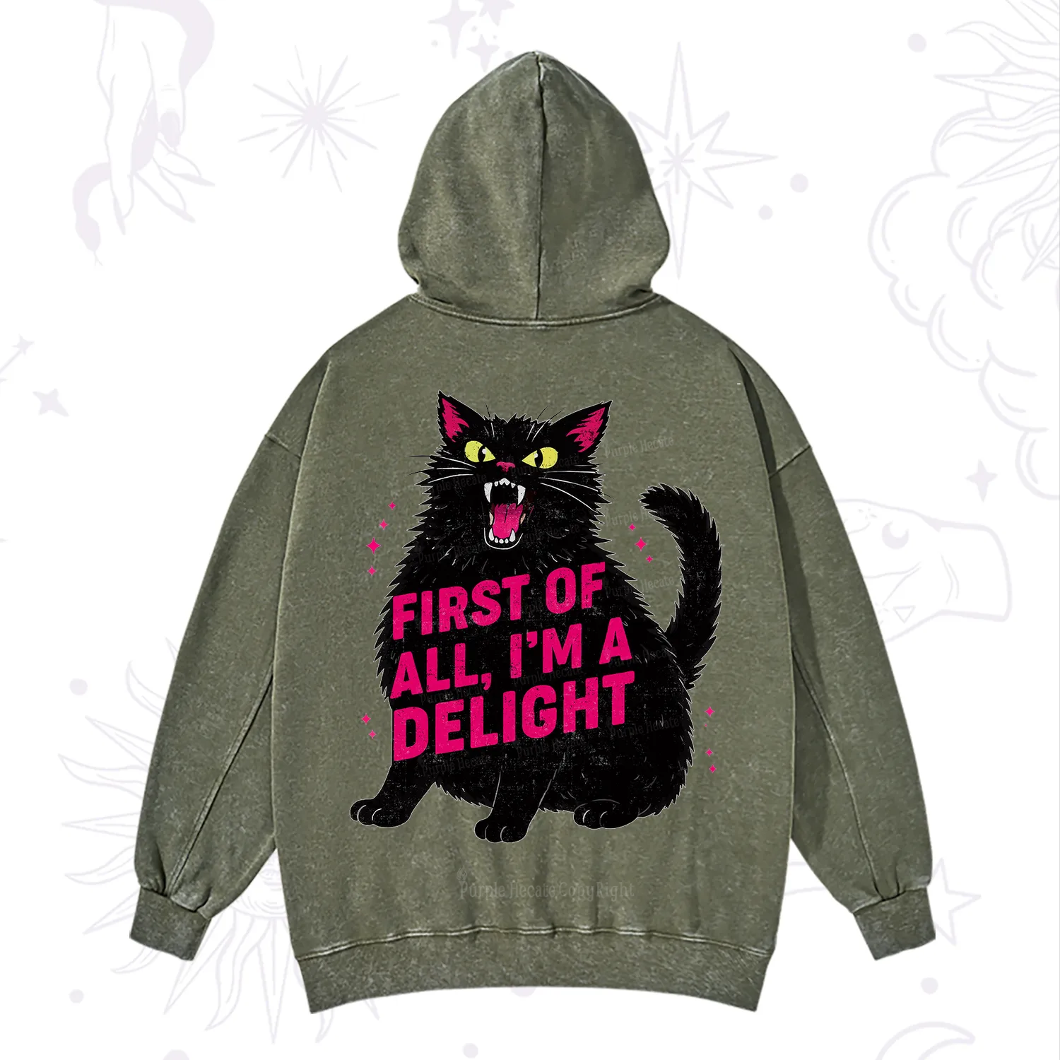 Purplehecate First Of All I'm A Delight Cat Washed Hoodie
