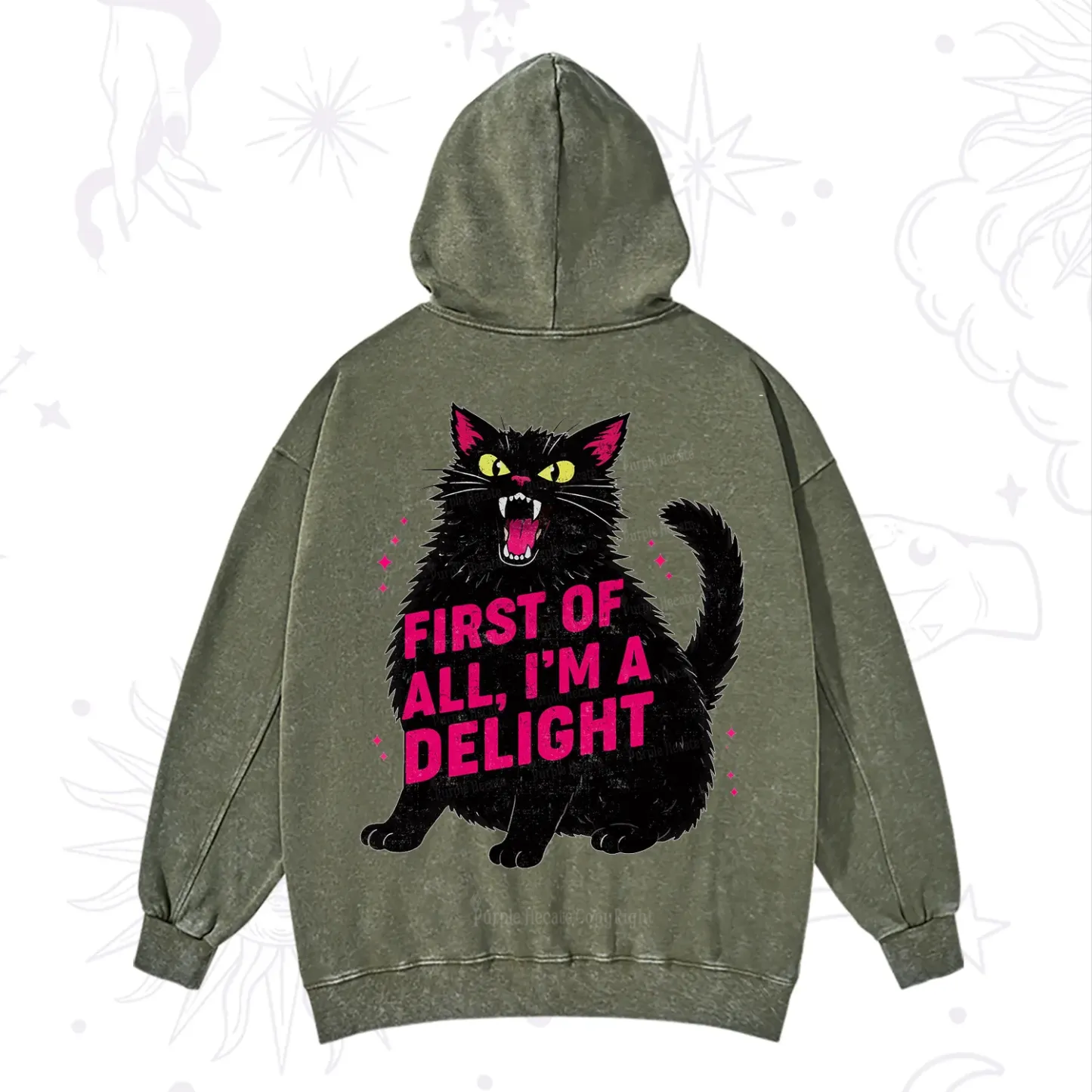 Purplehecate First Of All I'm A Delight Cat Washed Hoodie