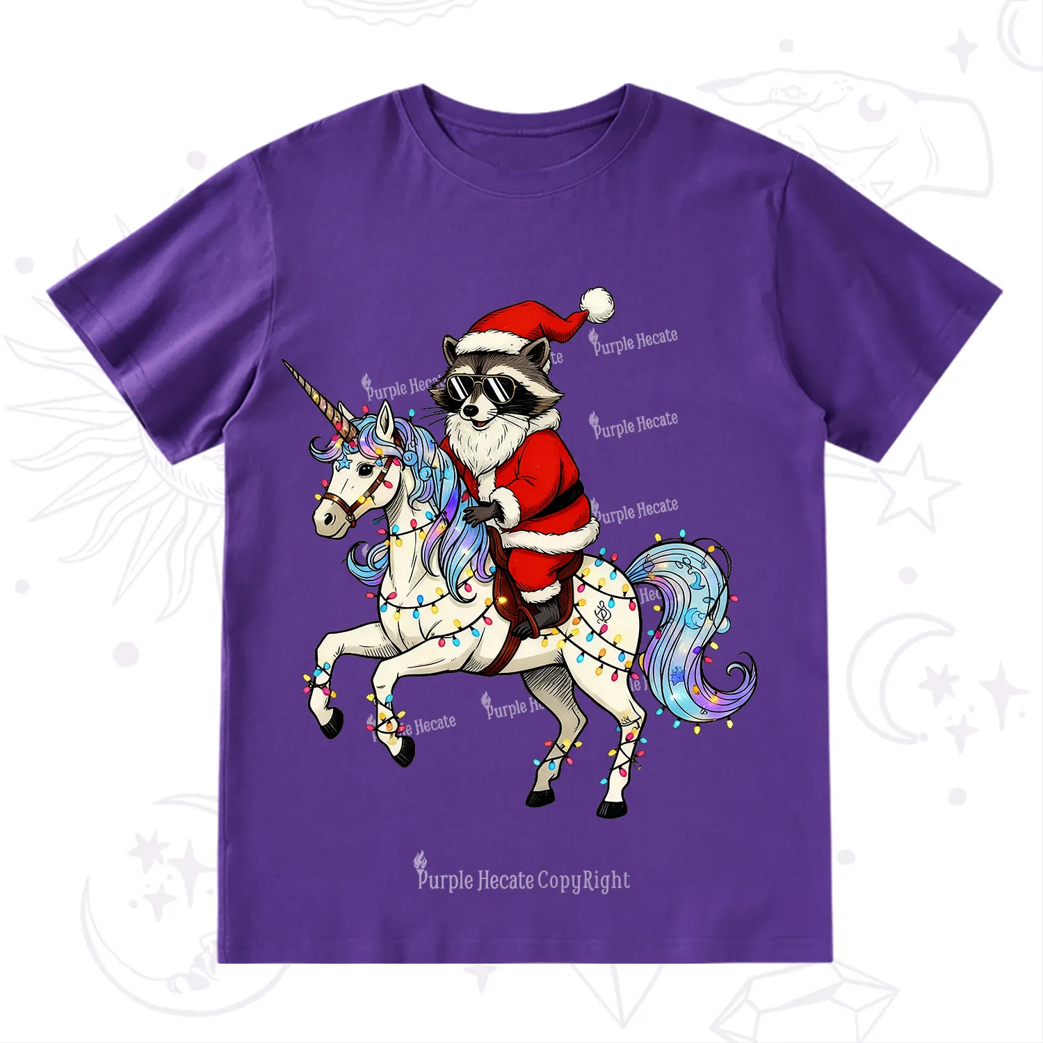 Purplehecate Santa Raccoon Riding Unicorn Tee Christmas T-Shirt