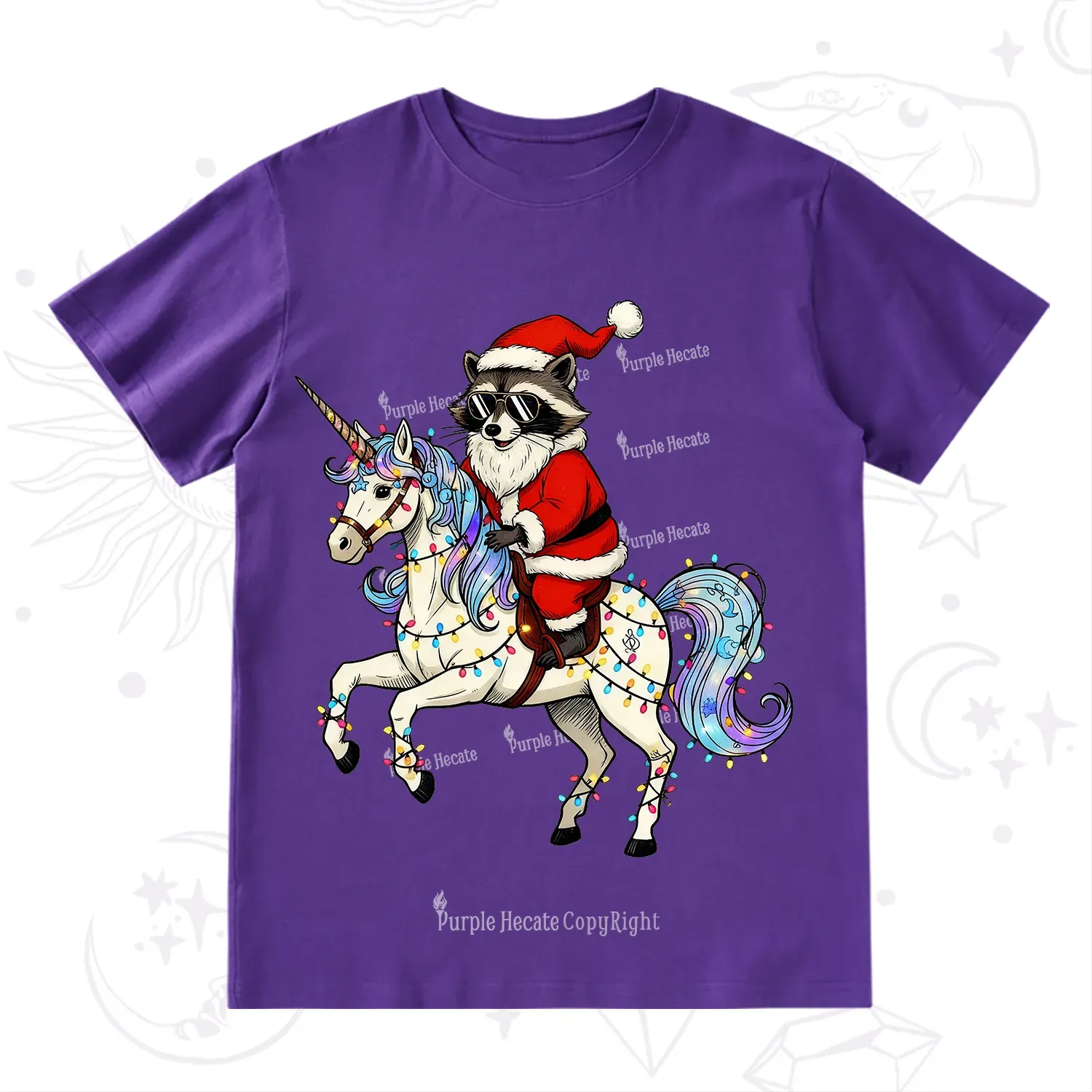Purplehecate Santa Raccoon Riding Unicorn Tee Christmas T-Shirt