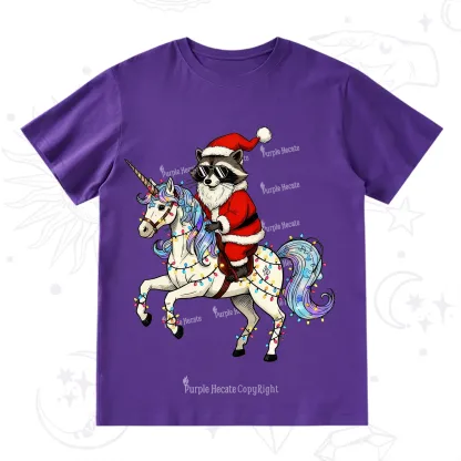 Purplehecate Santa Raccoon Riding Unicorn Tee Christmas T-Shirt