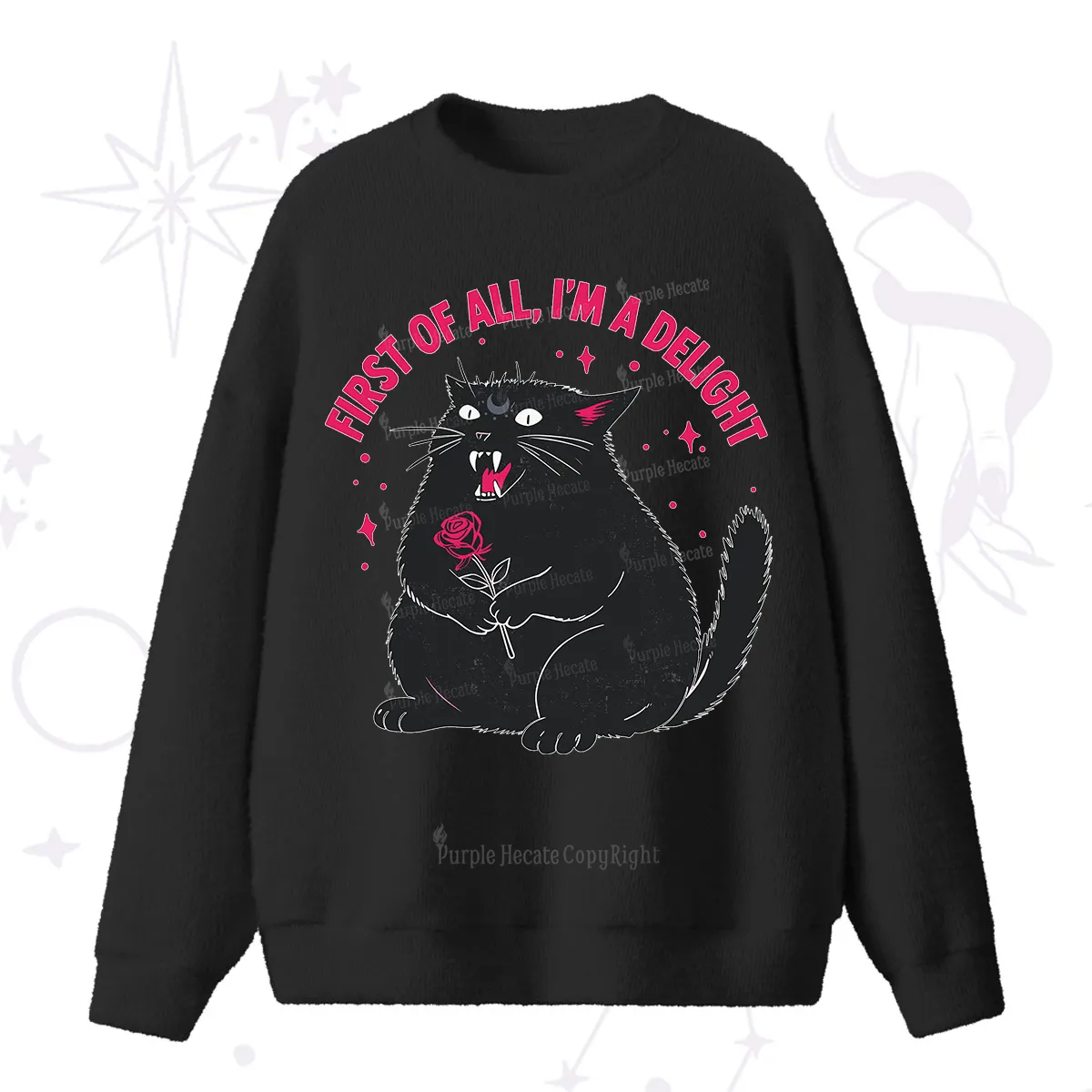 Purplehecate First Of All I'm A Delight Cat Fuzzy Ugly Sweater