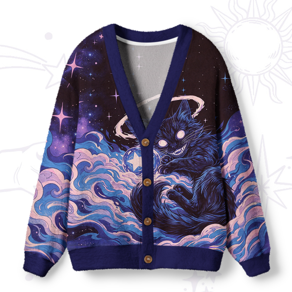 Purplehecate Starsea Vortex Mischief Ghost Cat Ugly Cardigan Sweaters