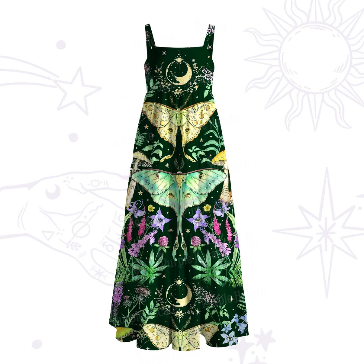 ]Purplehecate Mystic Lunar Moth Herbal Forest Wide Straps Maxi Dress