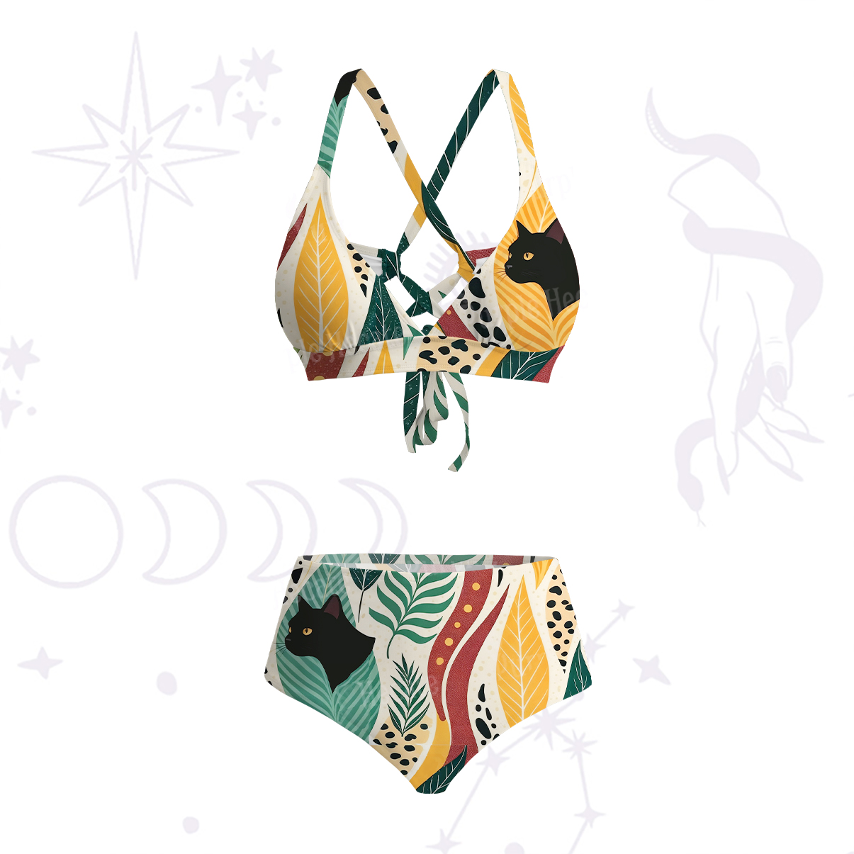 Purplehecate Mystic Forest Cat Crisscross Tie-Back Bikini Set