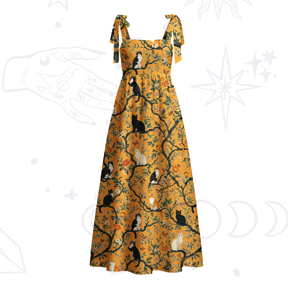 Purplehecate Enchanted Cat Grove Tie Shoulder Maxi Dress