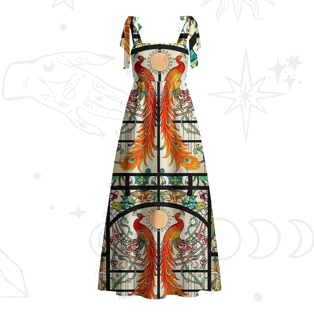 Purplehecate Mystic Peacock Stained Glass Tie Shoulder Maxi Dress