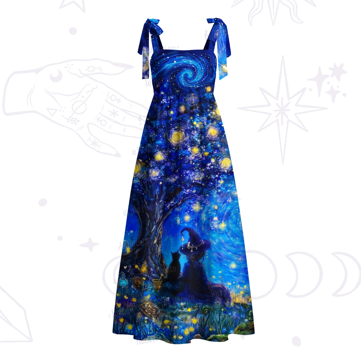 Purplehecate Moonlit Witch & Starry Cat Tie Shoulder Maxi Dress