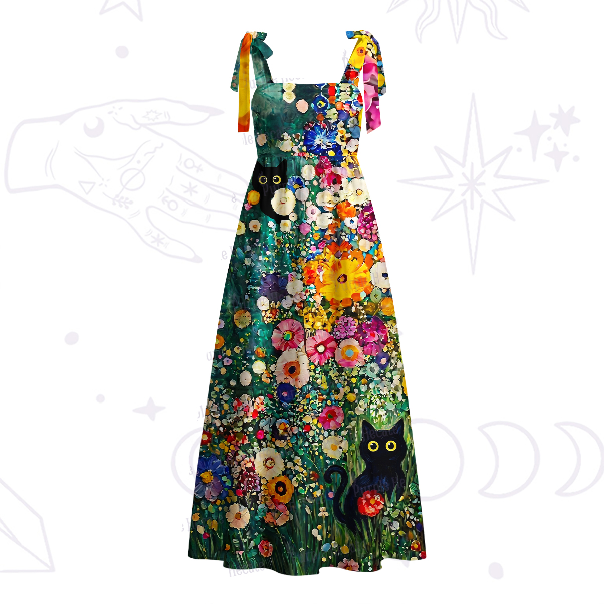 Purplehecate Fluffy Black Cat in Colorful Flower Field Tie Shoulder Maxi Dress