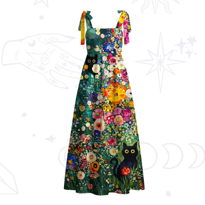 Purplehecate Fluffy Black Cat in Colorful Flower Field Tie Shoulder Maxi Dress
