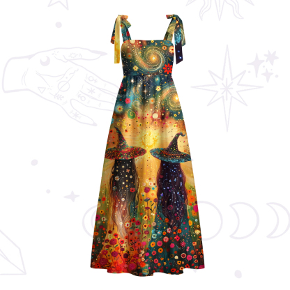 Purplehecate Starlit Flower Field Twin Witches Tie Shoulder Maxi Dress