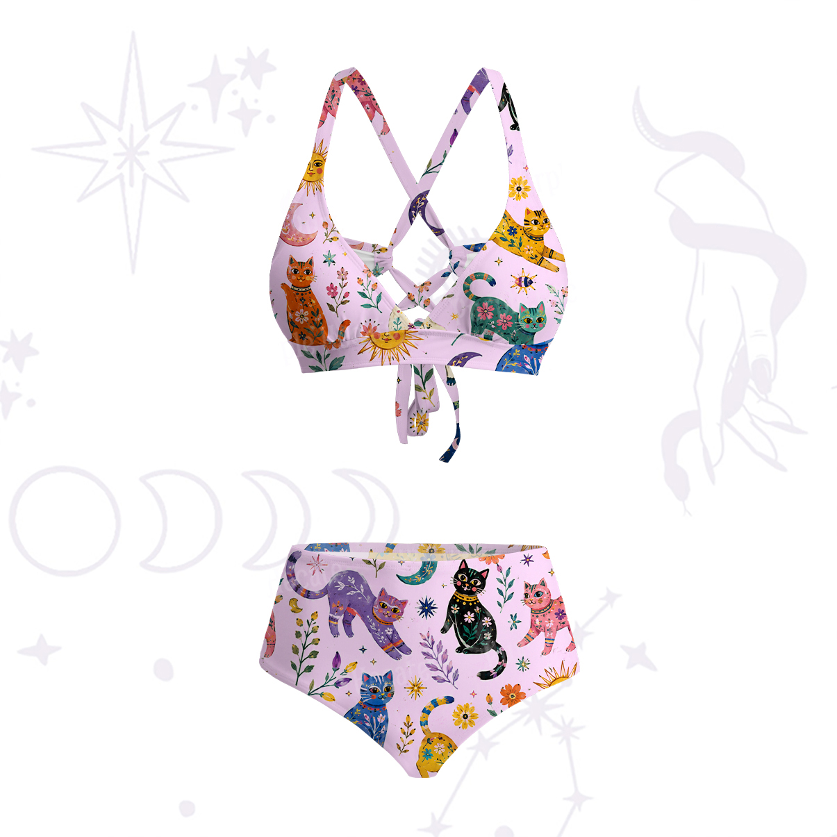 Purplehecate Rainbow Magic Cats Crisscross Tie-Back Bikini Set
