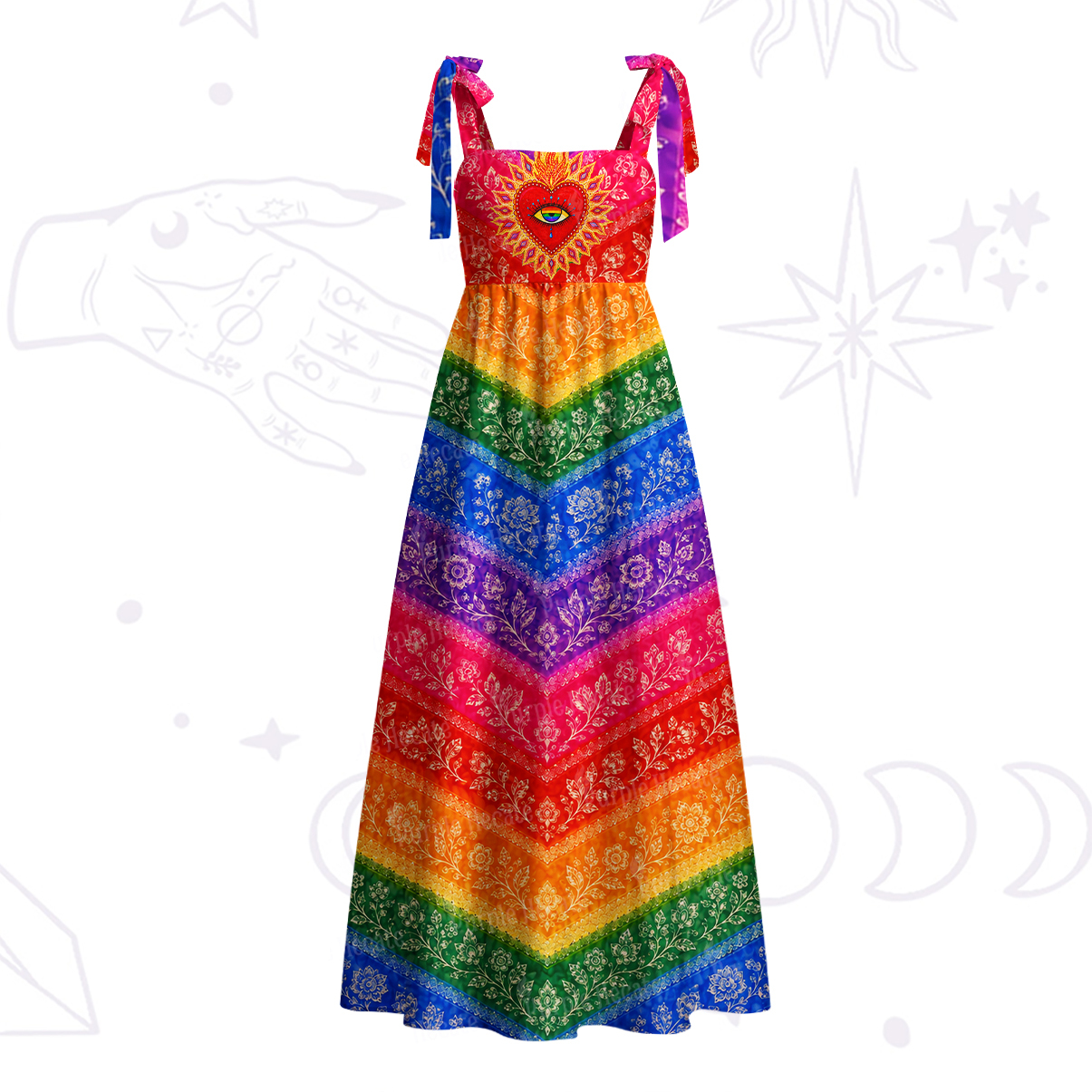 Purplehecate Rainbow Striped Sacred Heart Tie Shoulder Maxi Dress
