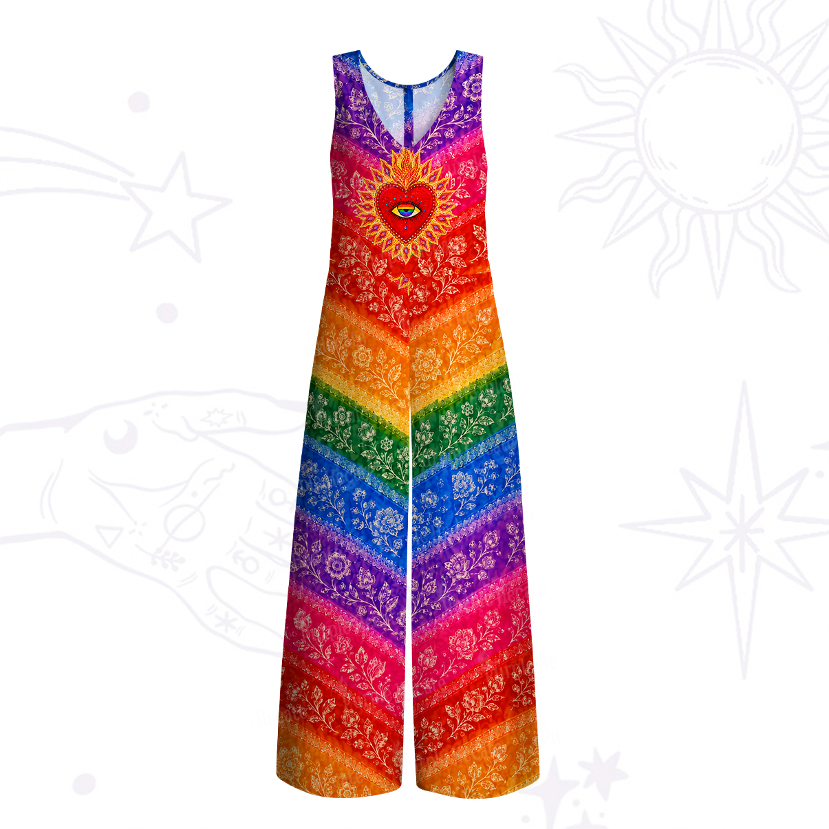 Purplehecate Rainbow Striped Sacred Heart Wide Leg Jumpsuit