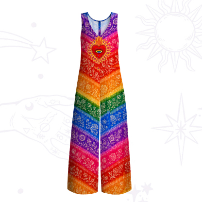 Purplehecate Rainbow Striped Sacred Heart Wide Leg Jumpsuit
