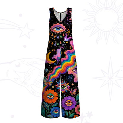 Purplehecate Groovy Hippie Flower Eyes Wide Leg Jumpsuit