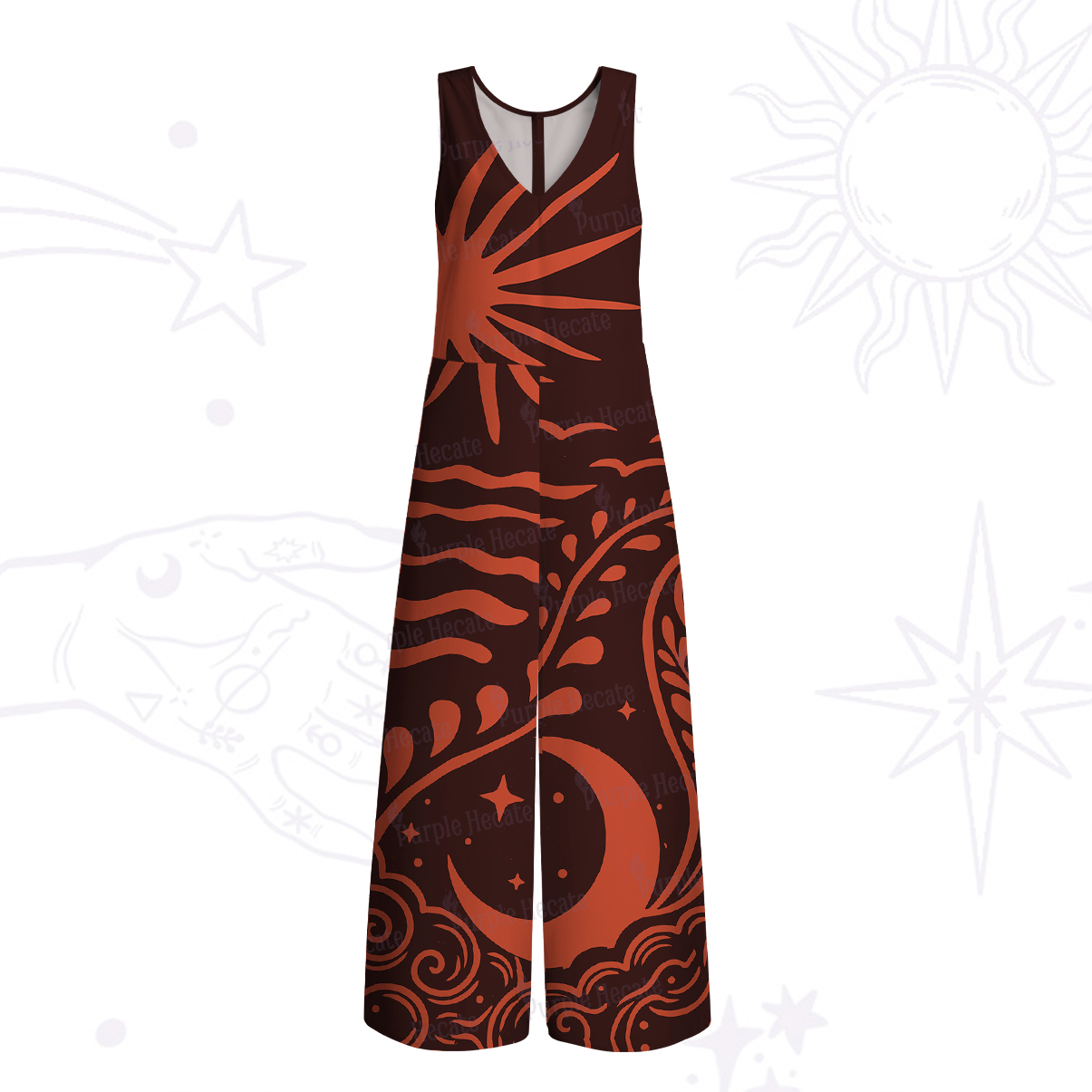Purplehecate Celestial Sun Moon Waves Wide Leg Jumpsuit