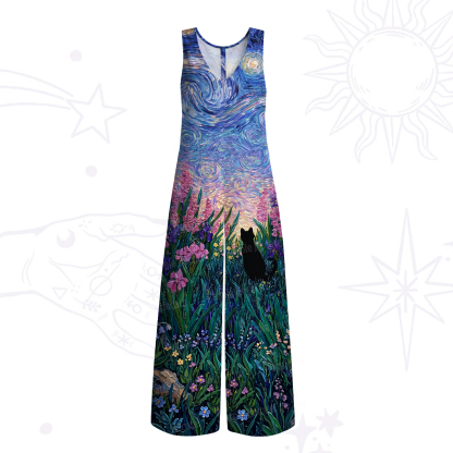 Purplehecate Starry Mystic Night Garden Cat Wide Leg Jumpsuit
