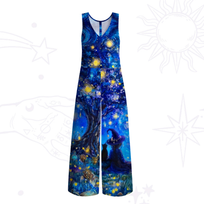 Purplehecate Moonlit Witch & Starry Cat Wide Leg Jumpsuit