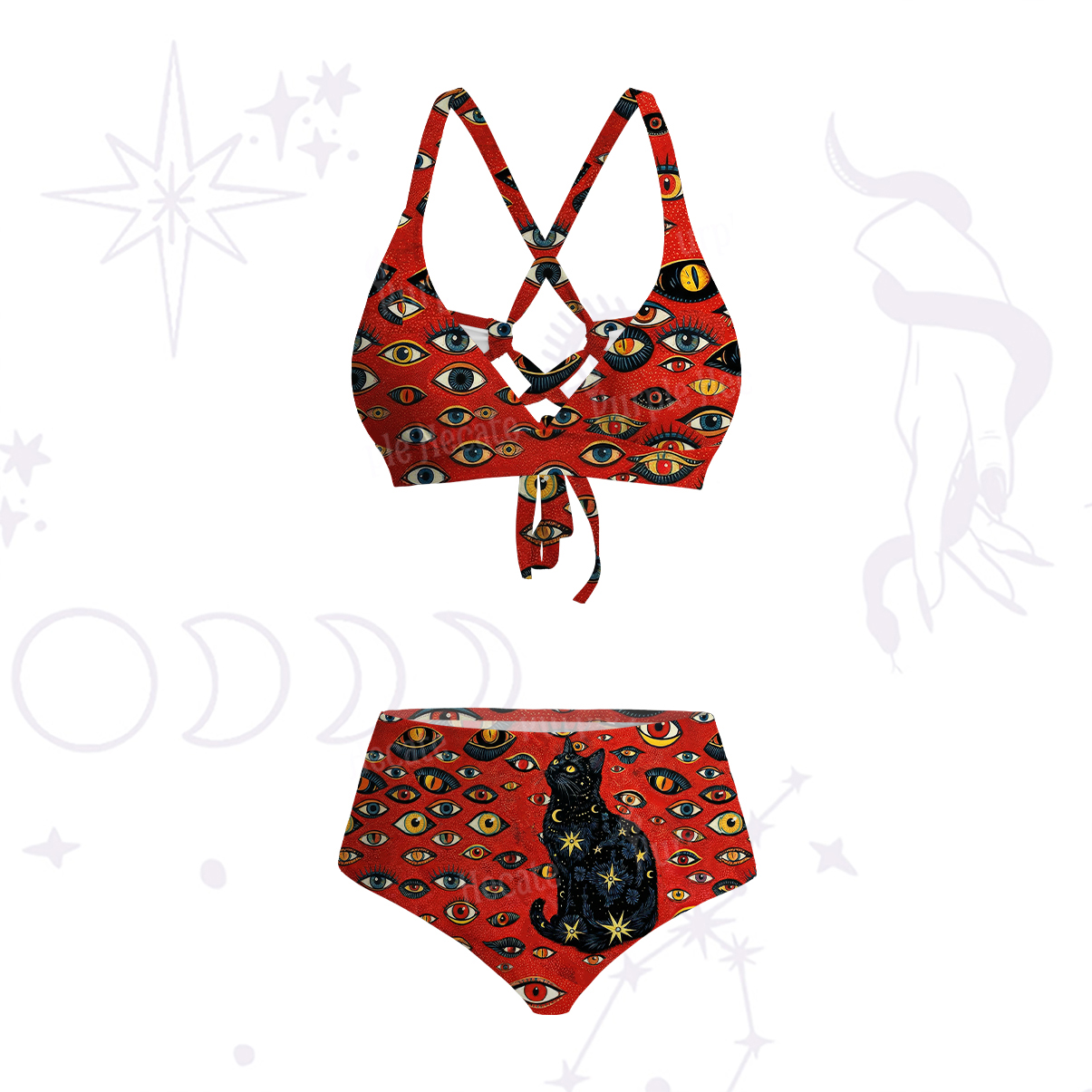 Purplehecate Cosmic Watcher Cat Crisscross Tie-Back Bikini Set