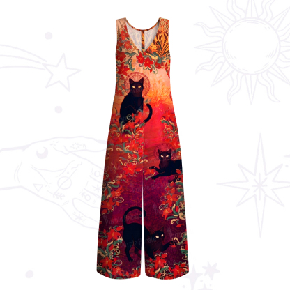 Purplehecate Blazing Jungle Night Cat Wide Leg Jumpsuit