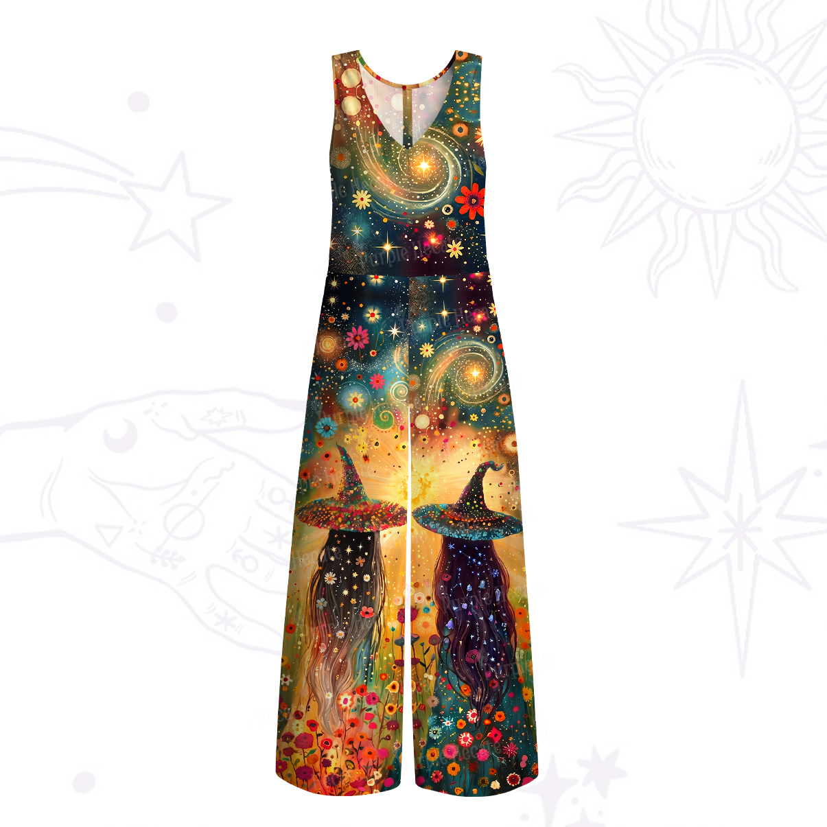 Purplehecate Starlit Flower Field Twin Witches Wide Leg Jumpsuit