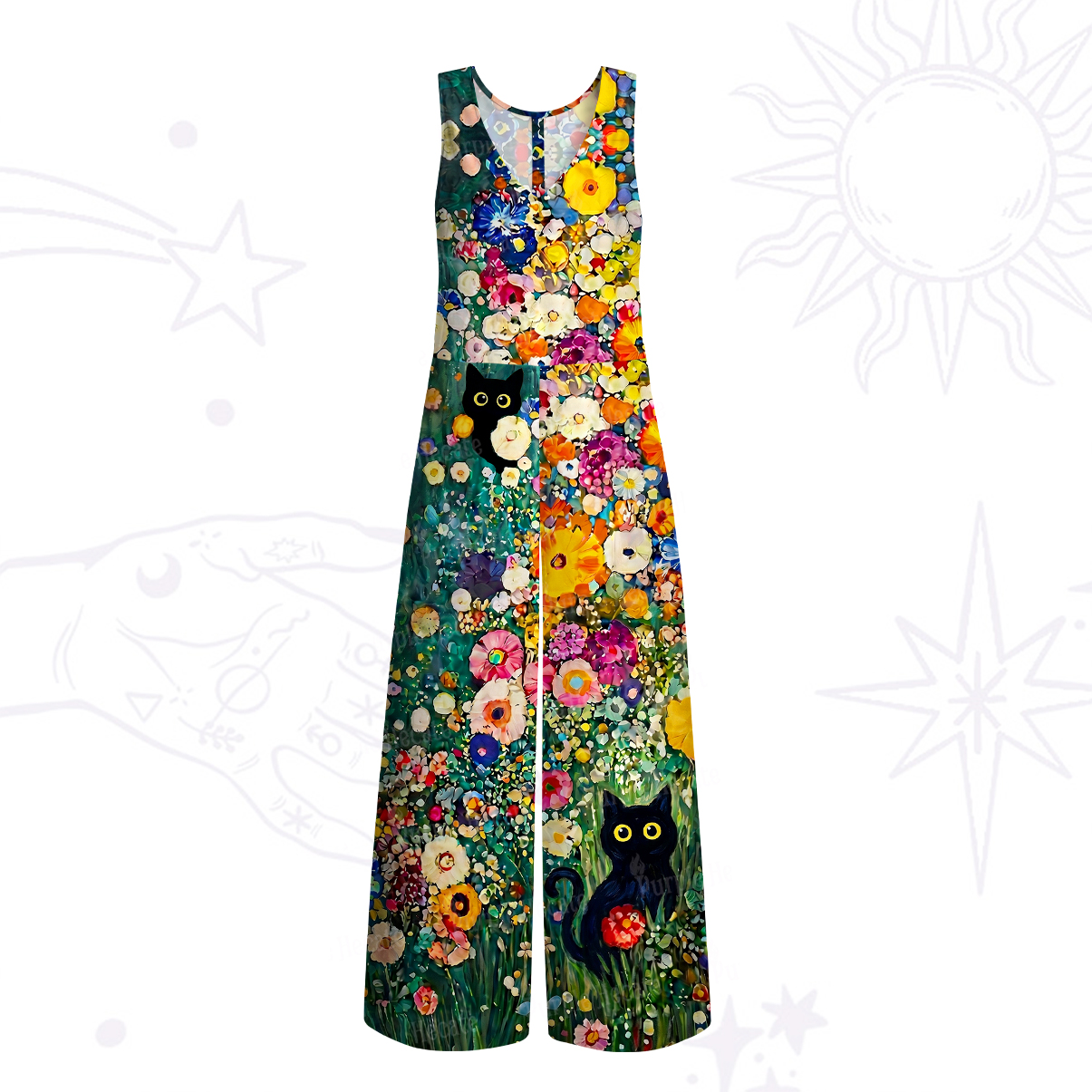 Purplehecate Fluffy Black Cat in Colorful Flower Field Wide Leg Jumpsuit