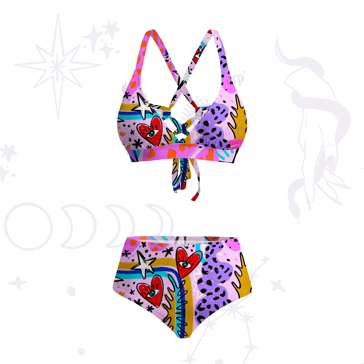 Purplehecate Cosmic Love Eyes Graffiti Crisscross Tie-Back Bikini Set