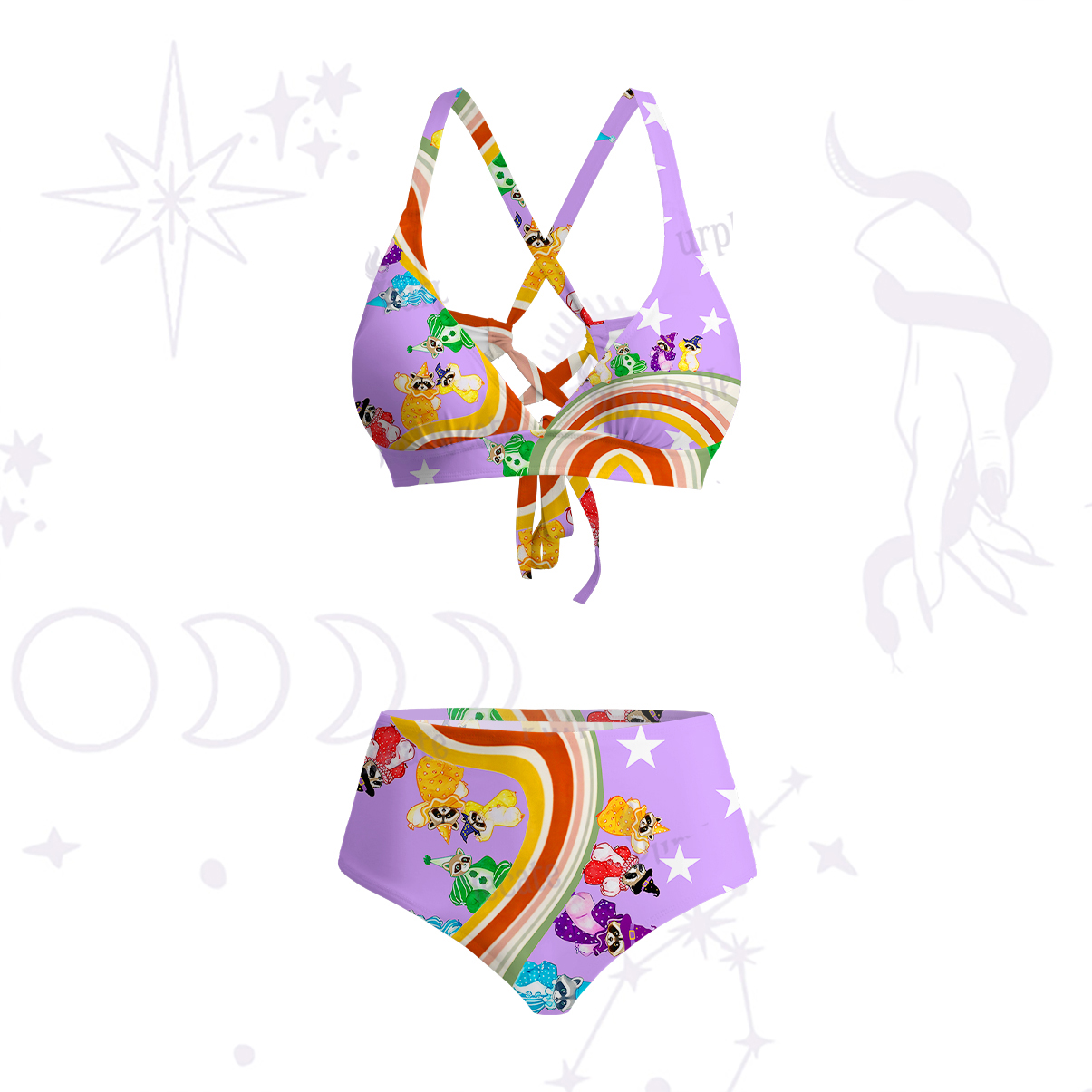 Purplehecate Rainbow Raccoon Star Crisscross Tie-Back Bikini Set