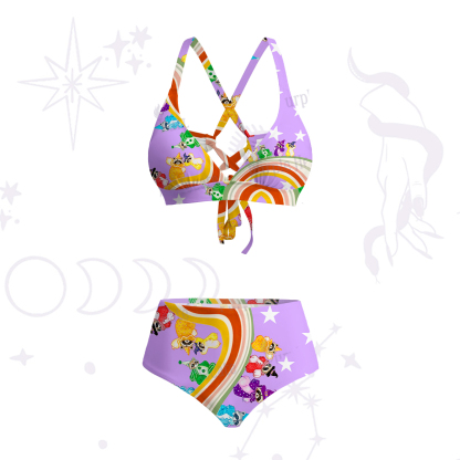 Purplehecate Rainbow Raccoon Star Crisscross Tie-Back Bikini Set